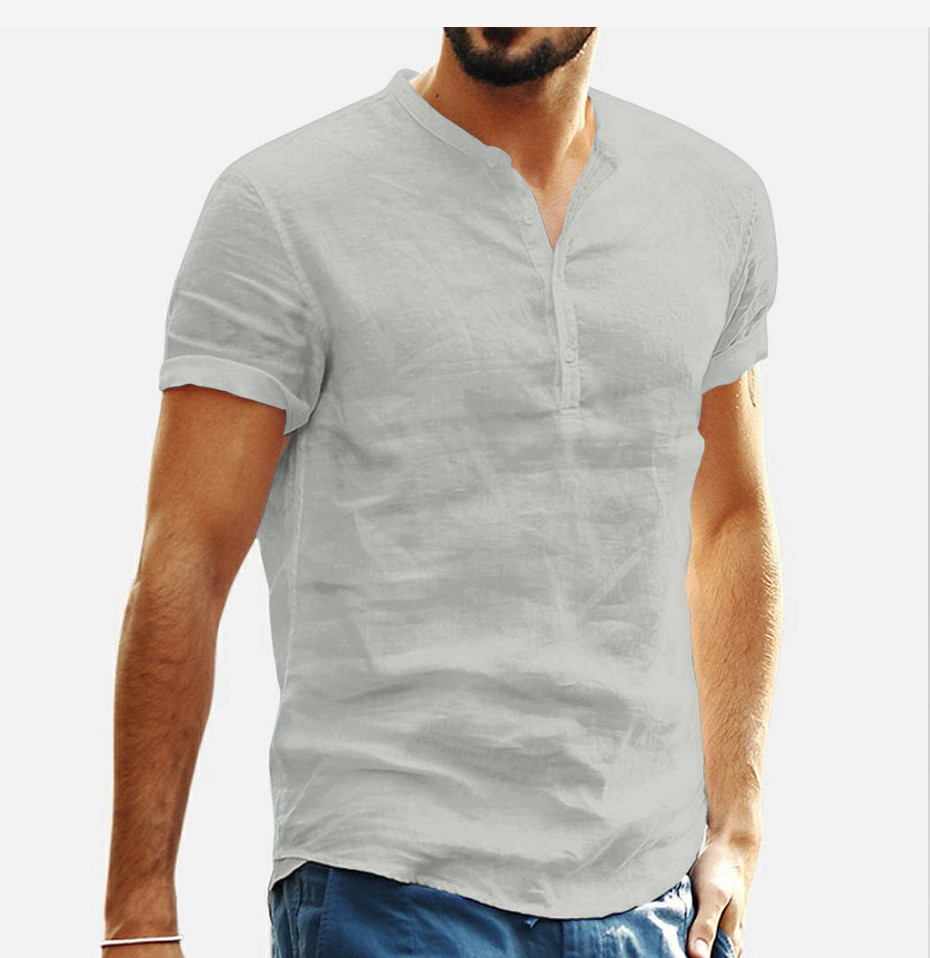Stand collar cotton linen short sleeve shirt