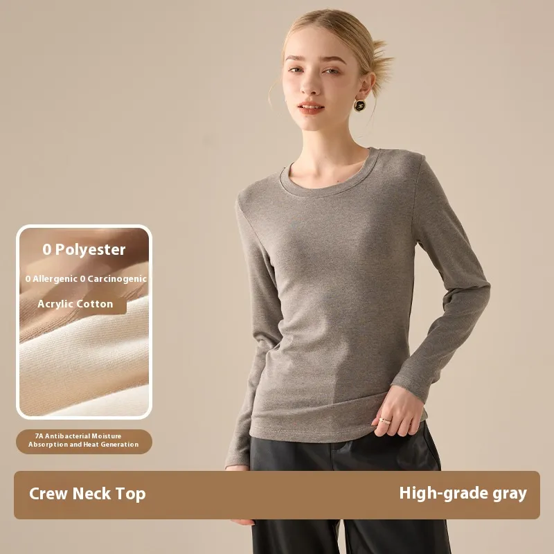 Women's Shoulder Round Neck Long-sleeved Bottoming Shirt - High Grade Gray