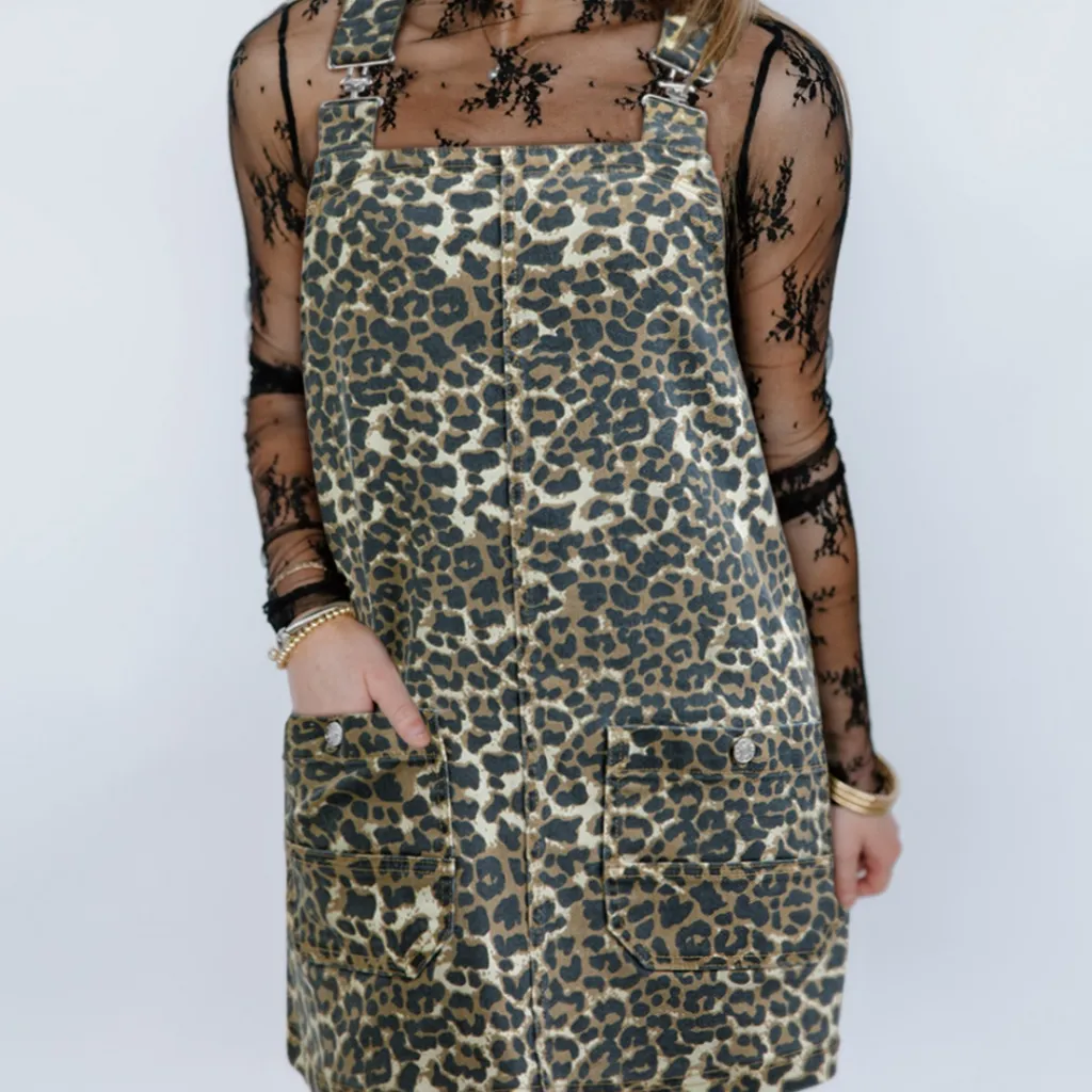 Gray Leopard Print Pocketed Loose Fit Denim Overall Dress - Gray
