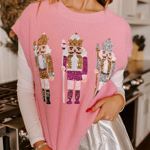 Women's Casual Round Neck Stitching Printing Knitted Vest Pink - Shop at LoveMi