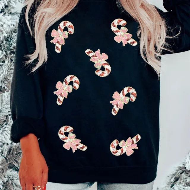 Women's Christmas Candy Sequins Loose fitting Casual Sweatshirt Black - Shop at LoveMi