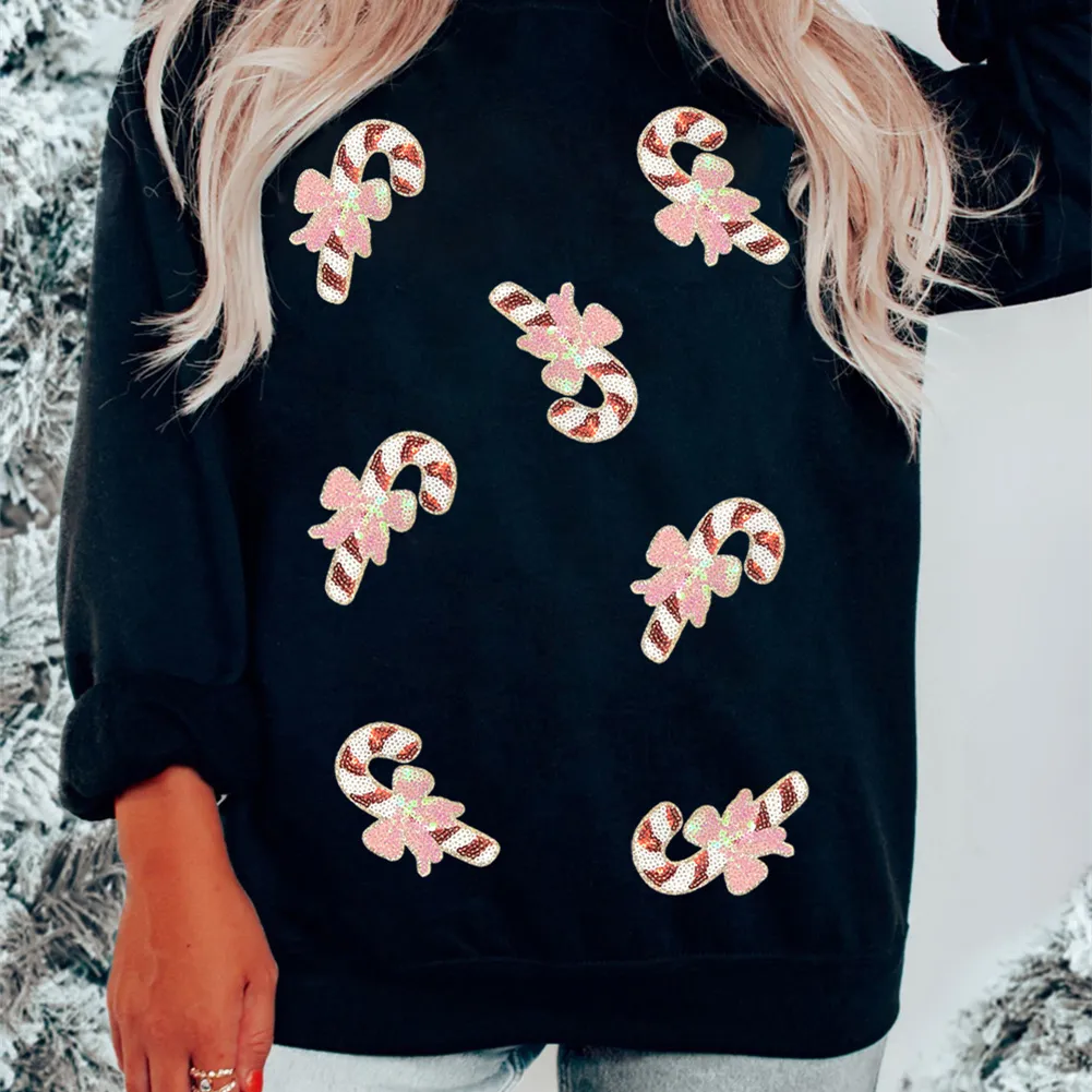 Women's Christmas Candy Sequins Loose-fitting Casual Sweatshirt - Black