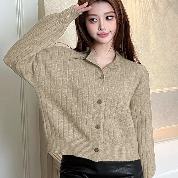 Women's Vertical Pattern Lapel Single Breasted Fashion Solid Color Long Sleeve Coat - Khaki