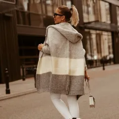 Color Matching Hooded Knit Cardigan Coat Women's Long Sleeve - Gray - View 1