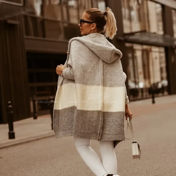Color Matching Hooded Knit Cardigan Coat Women's Long Sleeve Gray - Shop at LoveMi