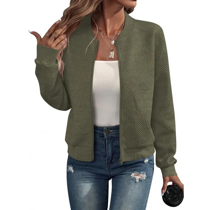 Solid Color Zipper Jacket Coat For Women - Army Green