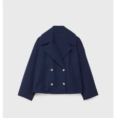 Ins Double breasted Lapel Blazer Jacket Fashion Loose Woolen Short Coat Elegant Commuting Women's Clothing Navy Blue - Shop at LoveMi