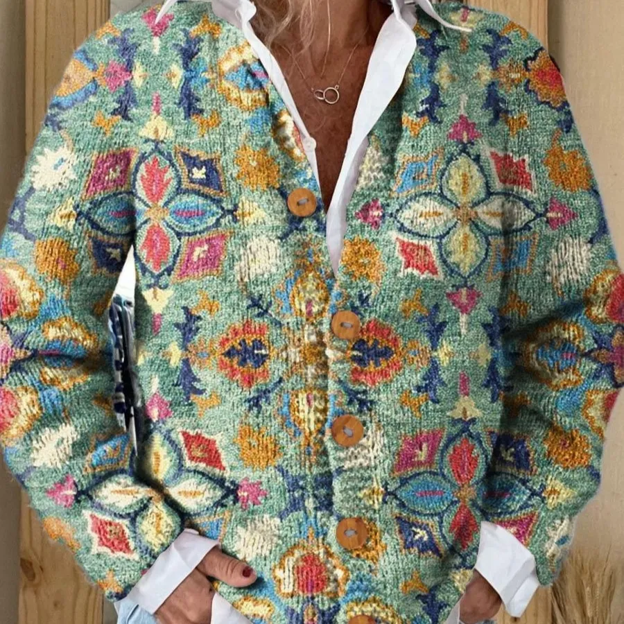 Women's Fashion 3D Color Matching Pattern Printing Cardigan Knitted Coat - 1 Models E044