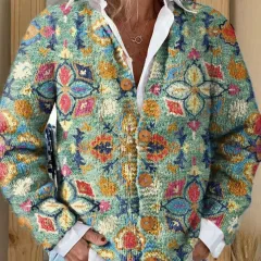 Women's Fashion 3D Colour Matching Pattern Printing Cardigan Knitted Coat - 1 Models E044 - View 1