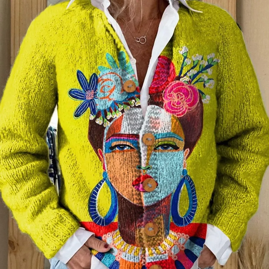 Women's Fashion 3D Color Matching Pattern Printing Cardigan Knitted Coat - 5 Models E044-Xs