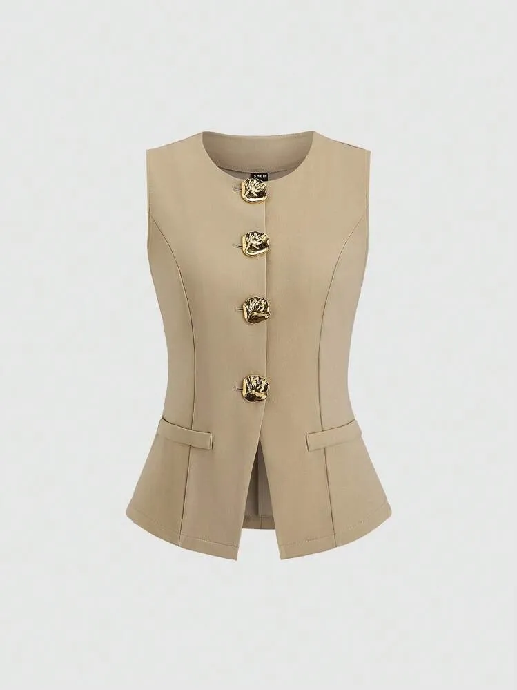 Sleeveless Round Neck Vest Fashion Women's Wear Elegant Waist-tight Solid Color - Khaki