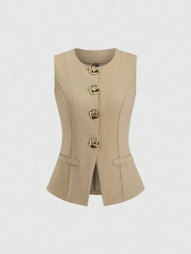 Sleeveless Round Neck Vest Fashion Women's Wear Elegant Waist tight Solid Color Khaki - Shop at LoveMi