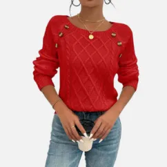 Women's Loose Casual Square Neck Sweater For Autumn And Winter Red - Shop at LoveMi