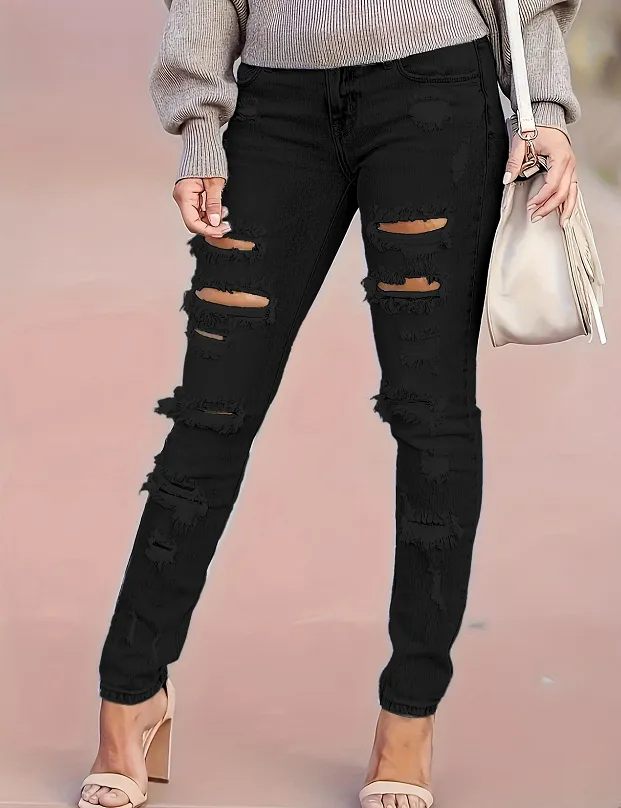 Women's Skinny Pants Cotton Trousers With Holes Black - Shop at LoveMi