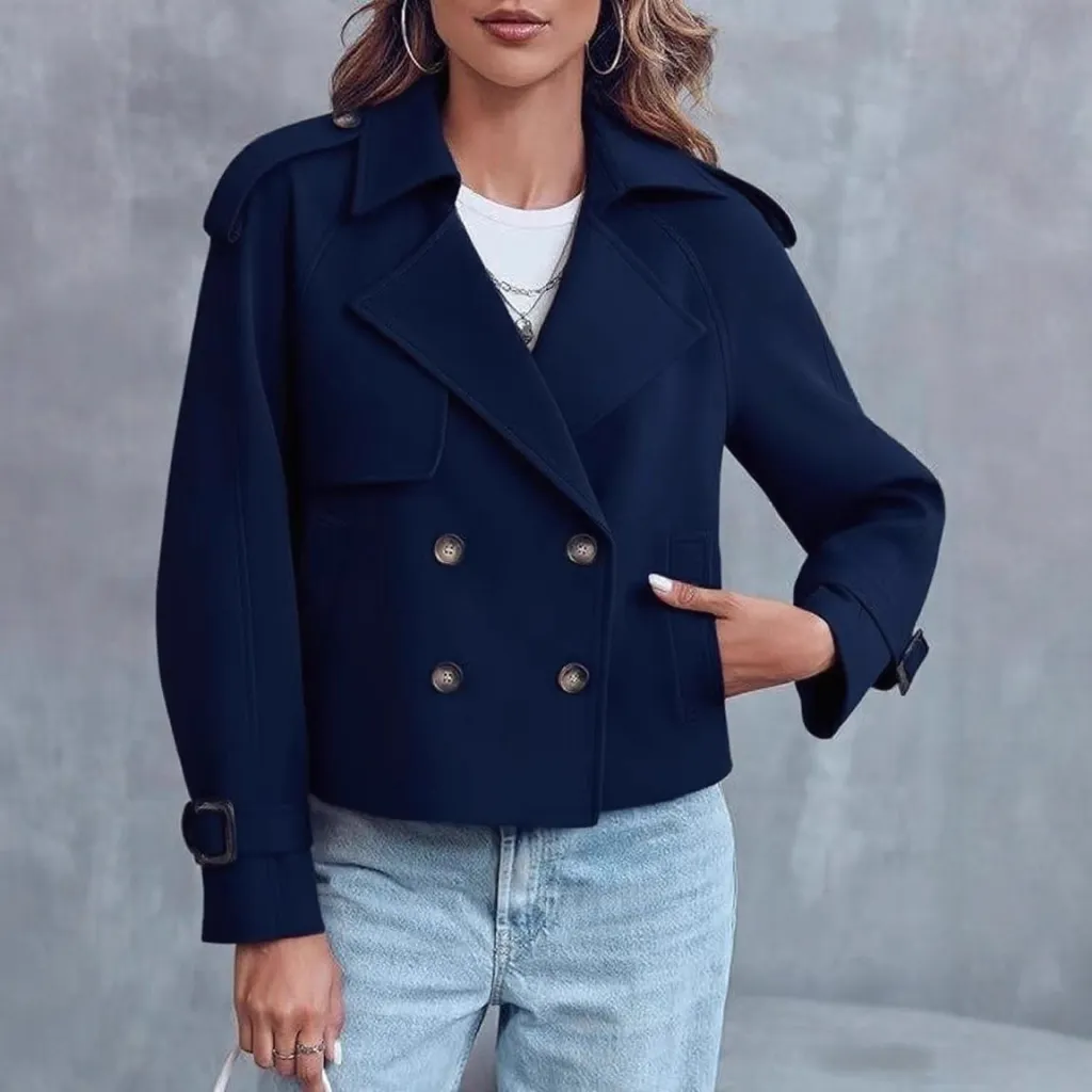 Women's Fashion Casual Short Double-breasted Trench Coat - Navy