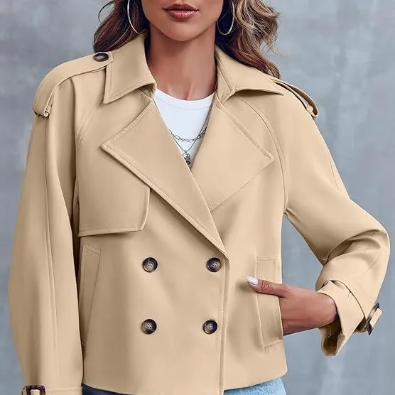 Women's Fashion Casual Short Double-breasted Trench Coat - Khaki