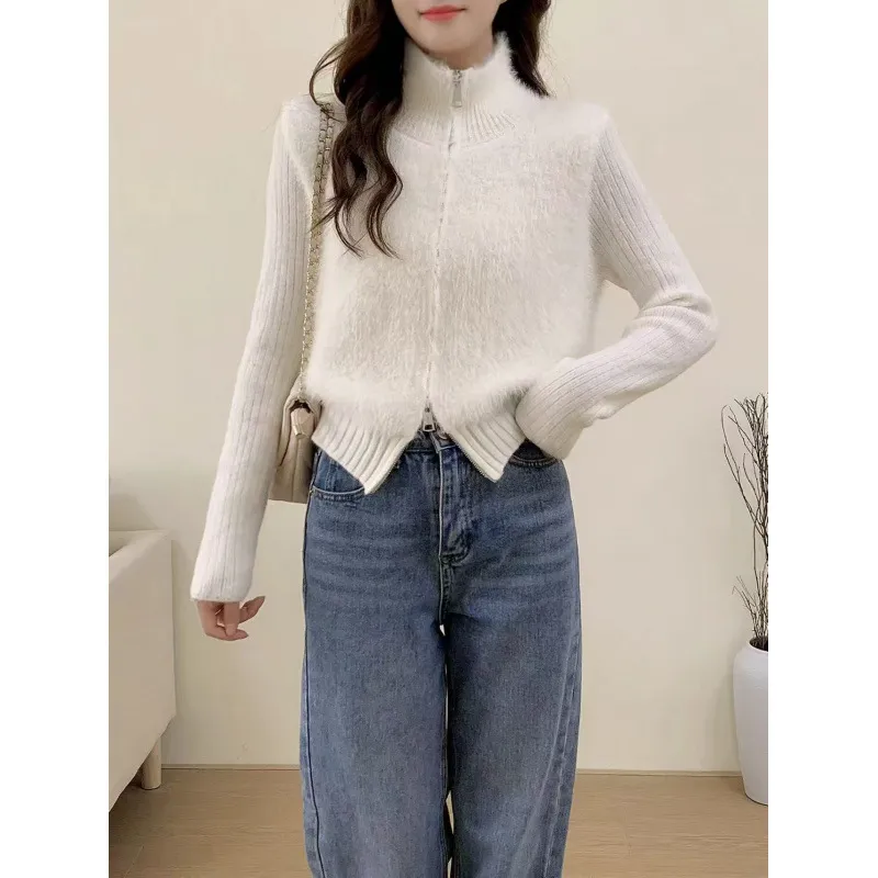 Autumn And Winter Stitching Zip Knitted Sweater - White