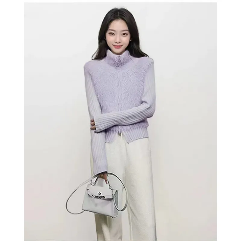 Autumn And Winter Stitching Zip Knitted Sweater - Purple