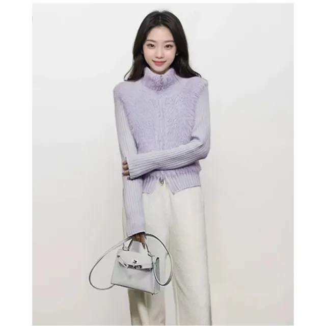 Autumn And Winter Stitching Zip Knitted Sweater Purple - Shop at LoveMi