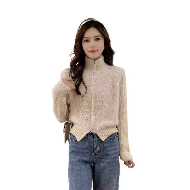 Autumn And Winter Stitching Zip Knitted Sweater - Khaki