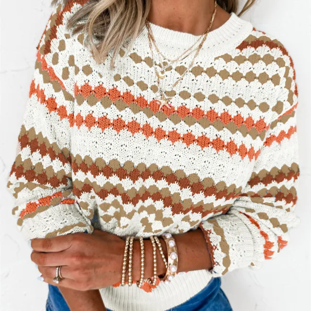 Women's Loose Contrast Color Striped Round Neck Pullover Sweater Khaki - Shop at LoveMi