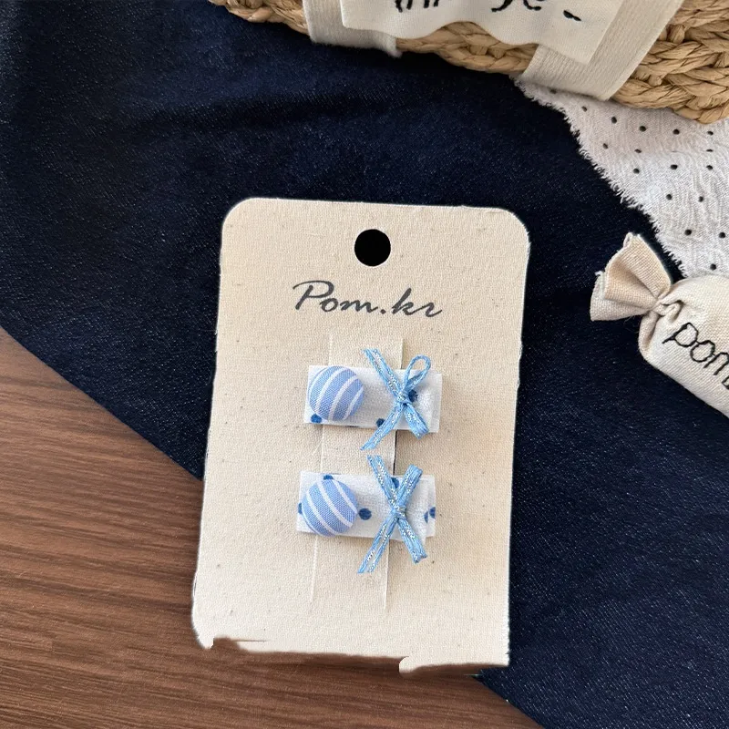 New Children's Denim Handmade Flower Polka Dot Bow Barrettes - Button Bow