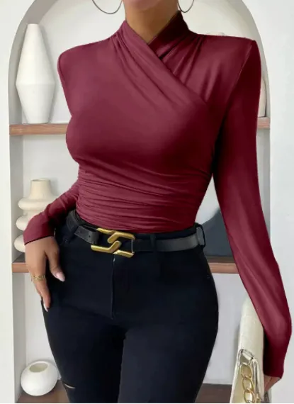 Design Cross Collar Slim Fit All match Pleating Long Sleeve Dark Red - Shop at LoveMi