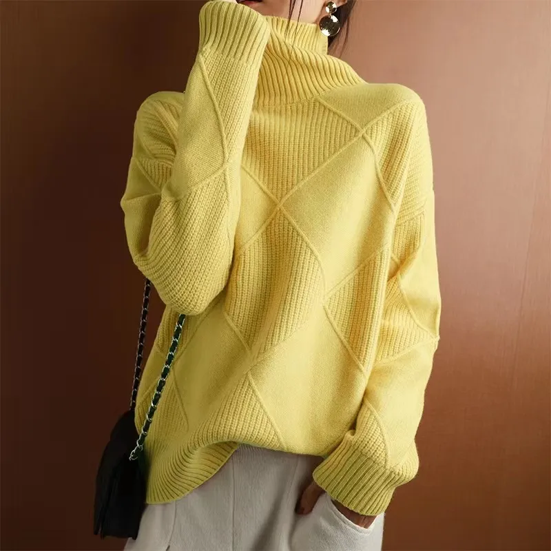 Loose High Collar Warm Sweater Solid Color Knitted Women - Yellow