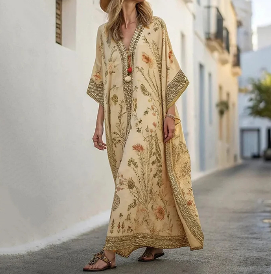 Long Sleeve Kaftan Linen Vacation Maxi Dress Yellow - Shop at LoveMi
