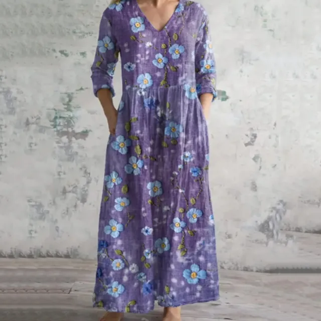 Women's Purple Floral V Neck Midi Dress Floral - Shop at LoveMi