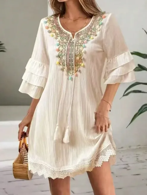 Women's Embroidered V-neck Tassel Lotus Leaf Sleeve Vacation Beach Dress - Apricot