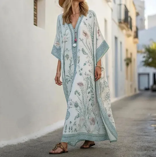 Long Sleeve Kaftan Linen Vacation Maxi Dress Blue - Shop at LoveMi