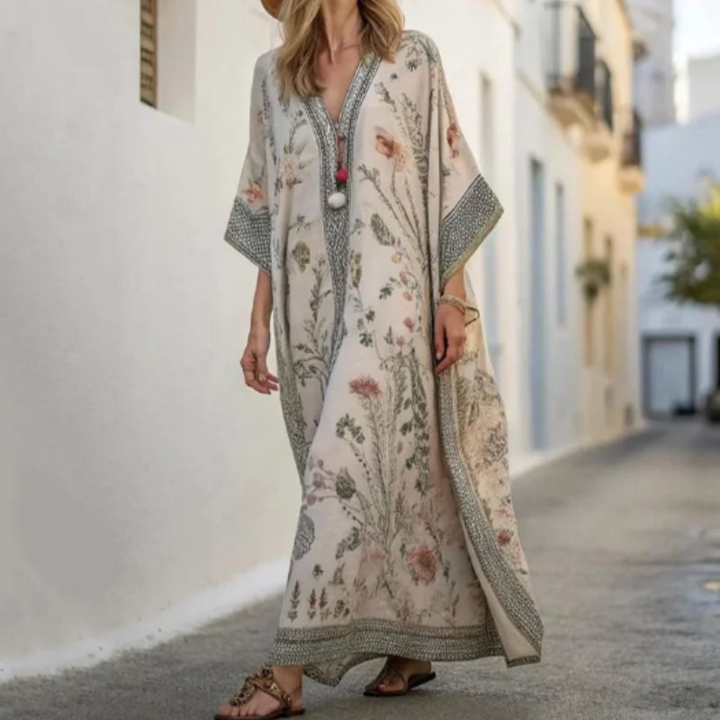 Long Sleeve Kaftan Linen Vacation Maxi Dress Beige - Shop at LoveMi