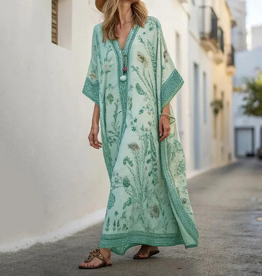 Long Sleeve Kaftan Linen Vacation Maxi Dress Green - Shop at LoveMi