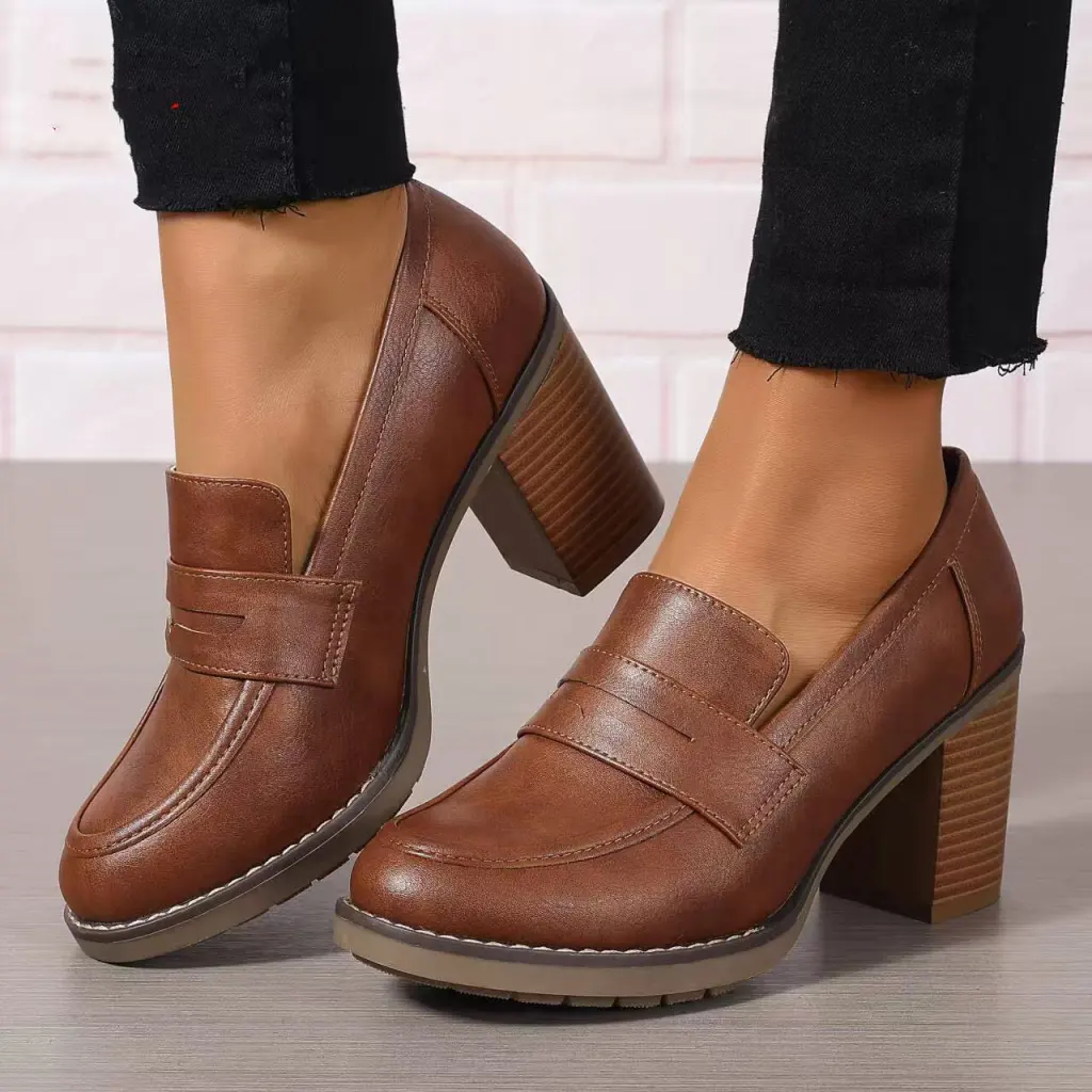 Fashion Thick High Heel Women's Shoes - Brown