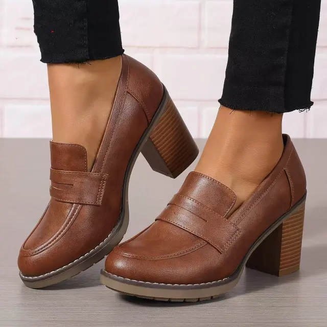 Fashion Thick High Heel Women's Shoes Brown - Shop at LoveMi