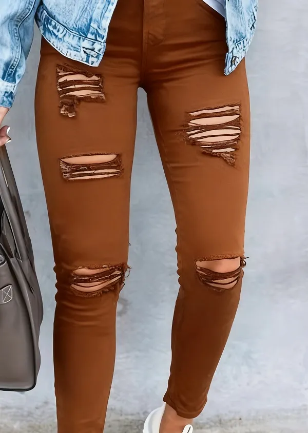 Black And White Stretch Ripped Jeans Women's Leggings Brown - Shop at LoveMi