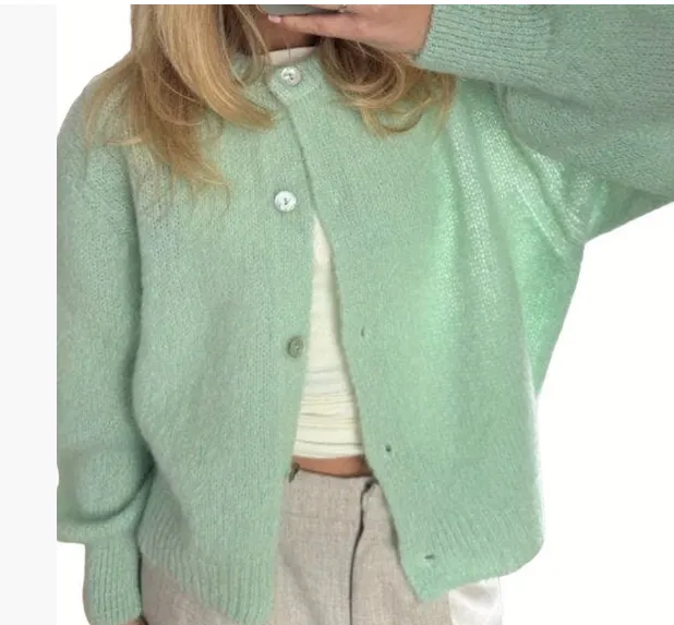 Round Neck Single breasted Cardigan Women's Sweater Green - Shop at LoveMi
