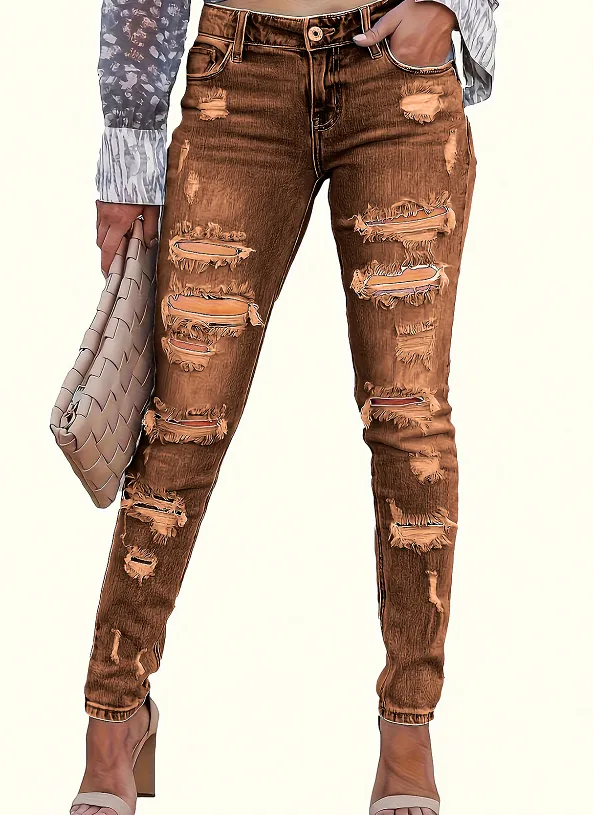 Women's Skinny Pants Cotton Trousers With Holes Brown - Shop at LoveMi