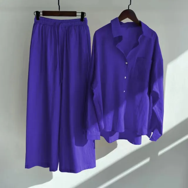 Cotton And Linen Shirt Outfit Waist Loose Trousers Dark Blue - Shop at LoveMi