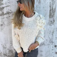 Women's Loose Flower Round Neck Long Sleeve Knitted Sweater - Apricot - View 1