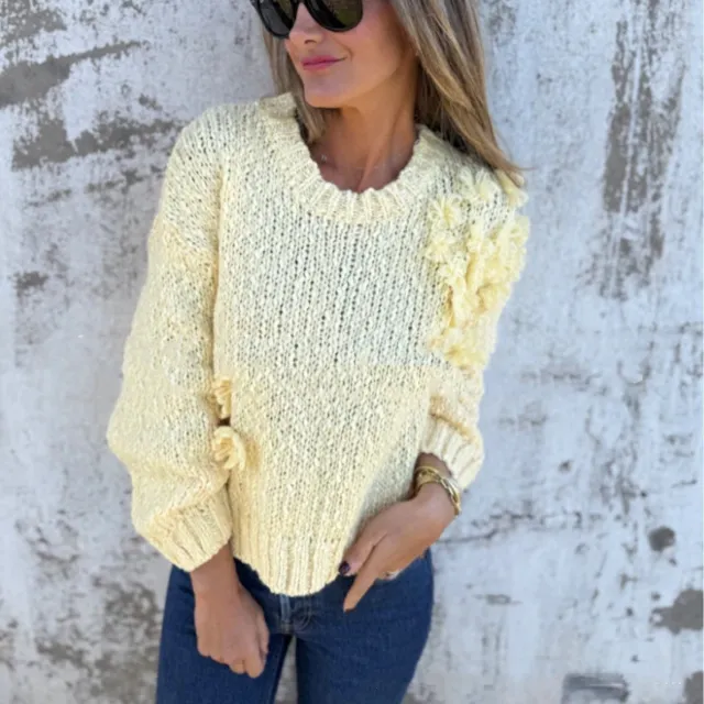 Women's Loose Flower Round Neck Long Sleeve Knitted Sweater Yellow - Shop at LoveMi