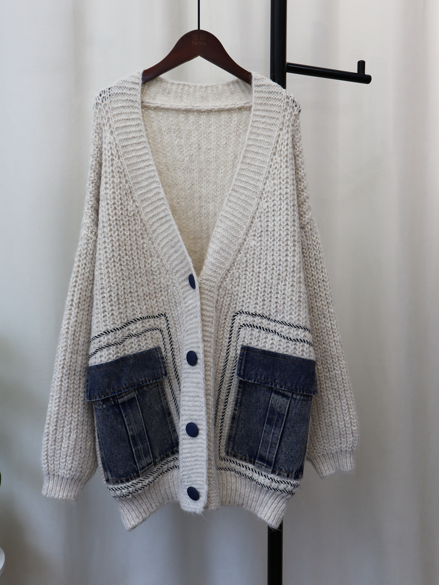Women's Patchwork Denim Thick Sweater Coat