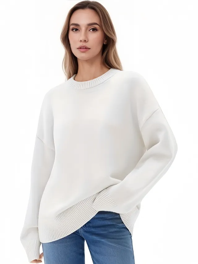 Loose Round Neck Solid Color Long sleeved Thickened Sweater White - Shop at LoveMi