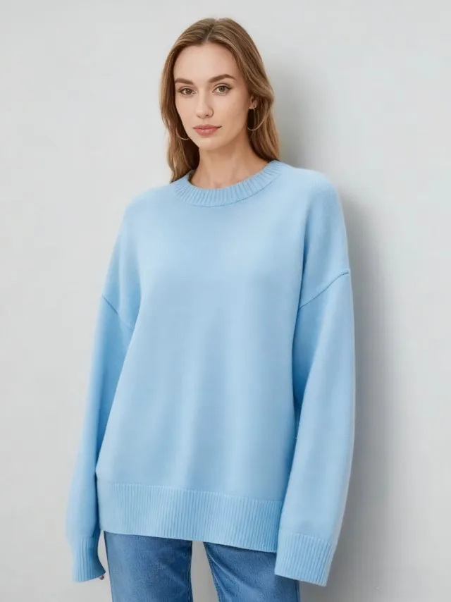 Loose Round Neck Solid Color Long sleeved Thickened Sweater Light Blue - Shop at LoveMi