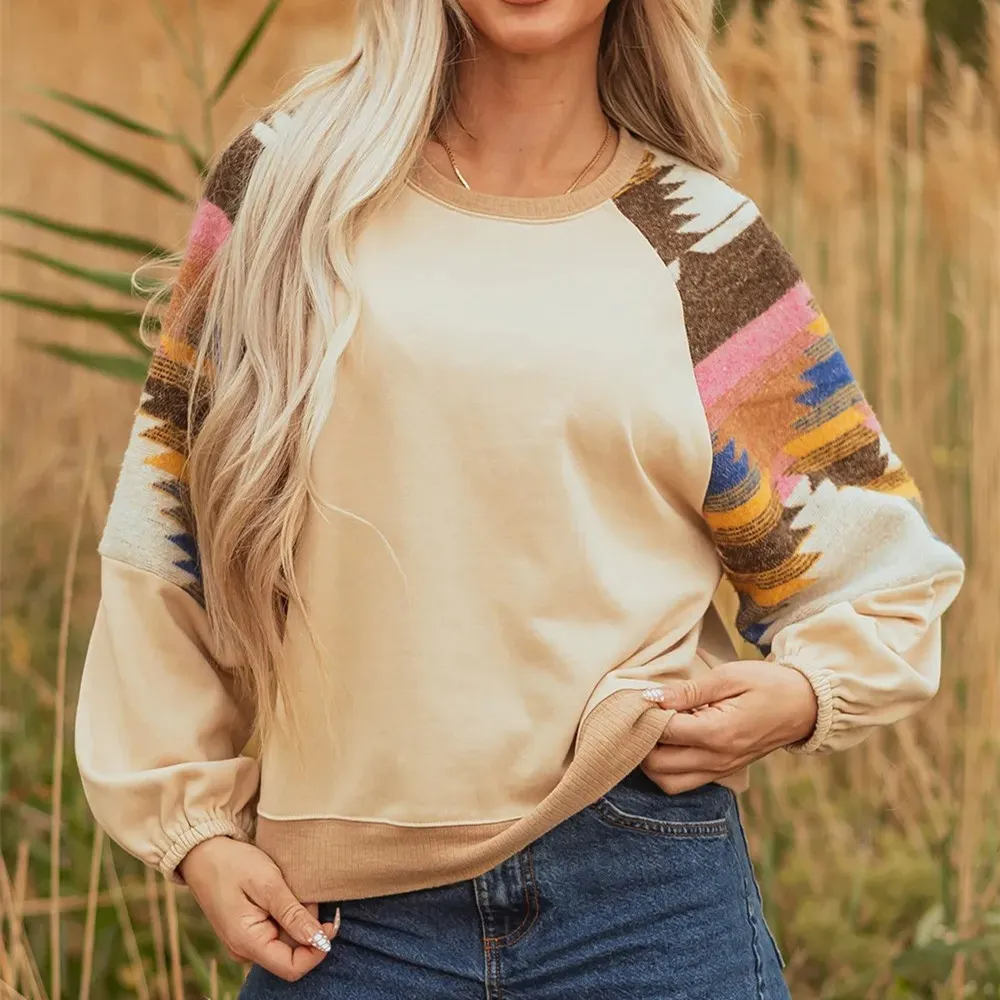 Women's Casual Style Color Matching Printed Loose Sweatshirt - Beige