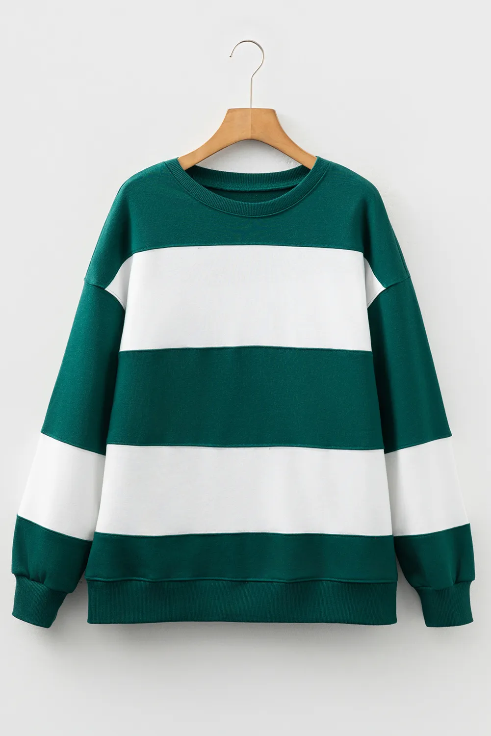 Women's Casual Loose Knitted Color-block Crew Neck Sweater - Green