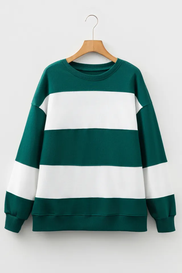 Women's Casual Loose Knitted Color block Crew Neck Sweater Green - Shop at LoveMi