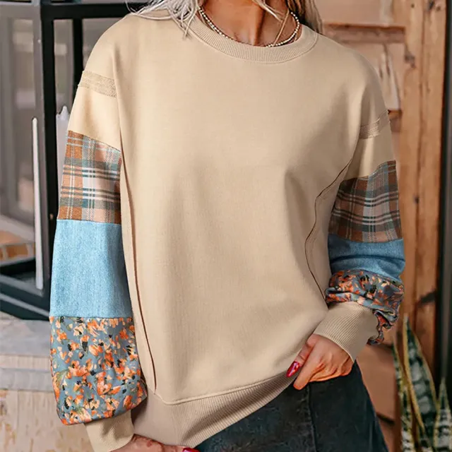 Women's Casual Patchwork Printed Sleeve Pullover Sweater Apricot - Shop at LoveMi
