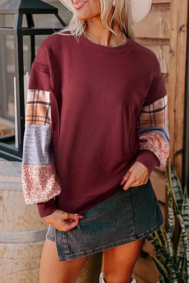 Women's Casual Patchwork Printed Sleeve Pullover Sweater Red - Shop at LoveMi